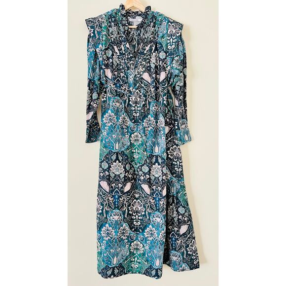 NWT Maria Cher Lugo Franca Maxi Dress Silk Cotton M Printed Pleat Placket Boho - Picture 6 of 9